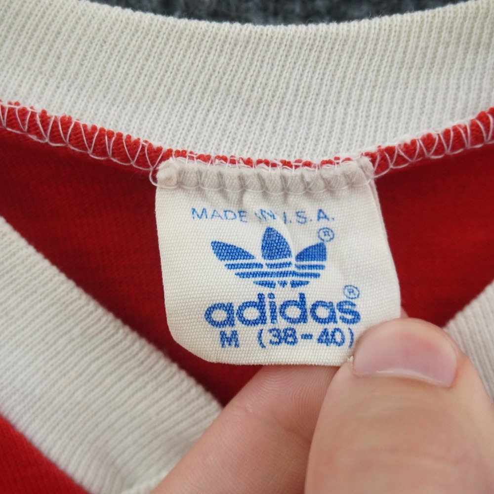 Adidas V-Neck T-Shirt Mens Medium Red White 80s Vintage USA Trefoil Ringer Tee - Picture 4 of 10